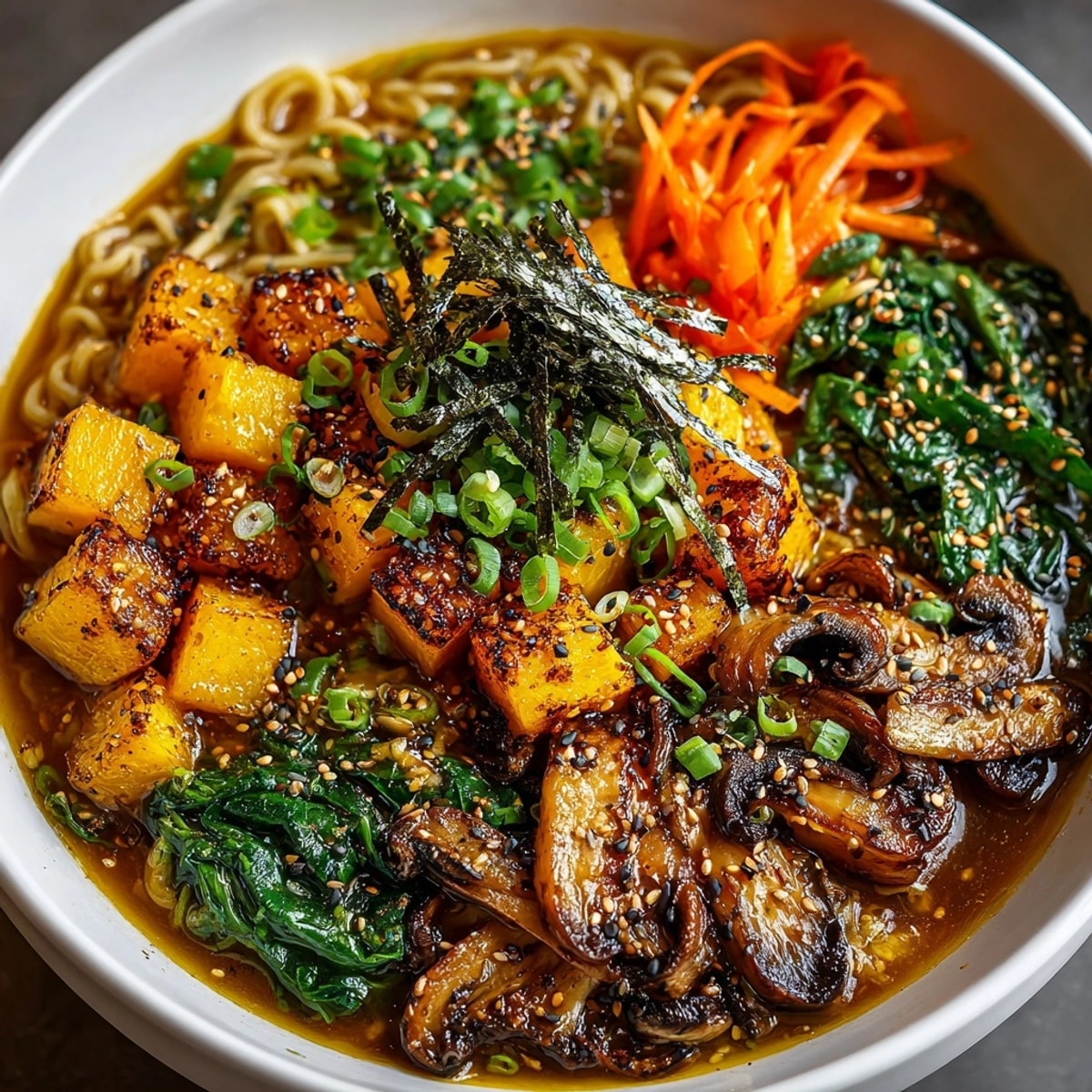 Steaming Japanese-Spiced Pumpkin Ramen Bowl brimming with ginger-infused broth and colorful toppings, ready to eat.