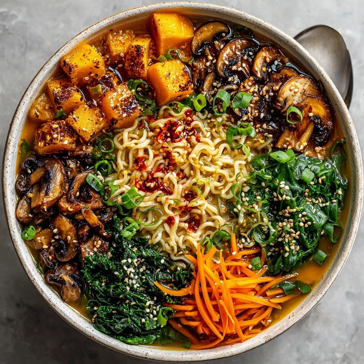 Fragrant Japanese-Spiced Pumpkin Ramen Bowl, perfect for a cozy, flavorful meal, with visible sesame seeds.