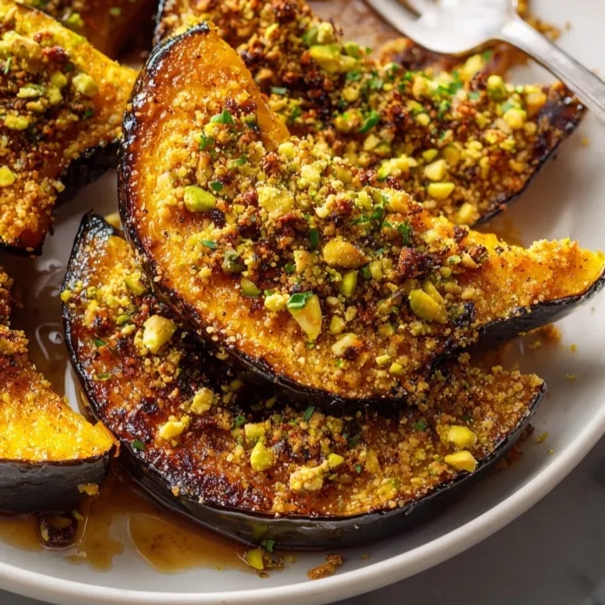 Maple glazed acorn squash with a delightful pistachio crumble, a sweet-and-savory vegetarian side.