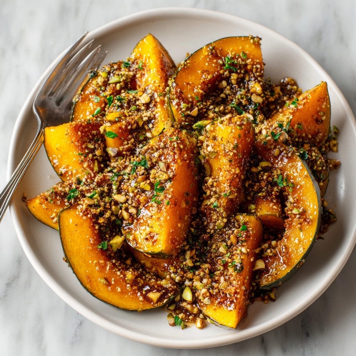 Golden, caramelized maple glazed acorn squash, generously topped with crunchy pistachio crumble.