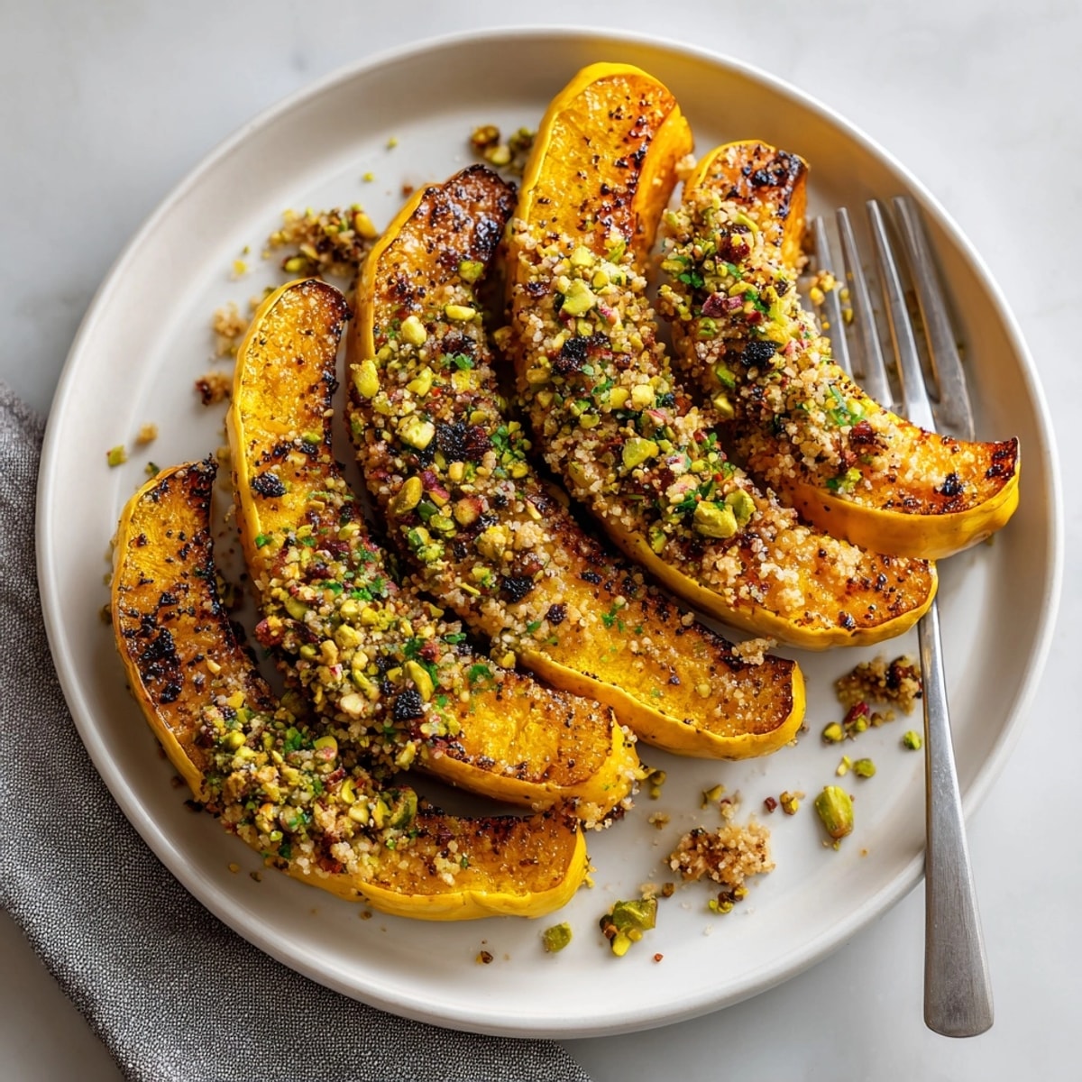 Imagery of a warmly lit plate of maple glazed acorn squash, perfect for a holiday dinner.