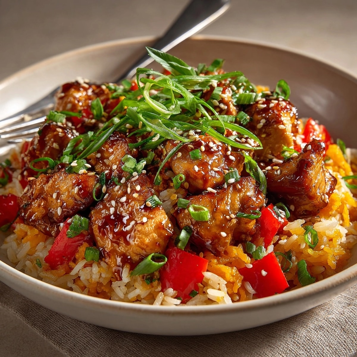 Steaming One-Pot Teriyaki Chicken and Sweet Potato Rice with glistening sauce, ready to serve.