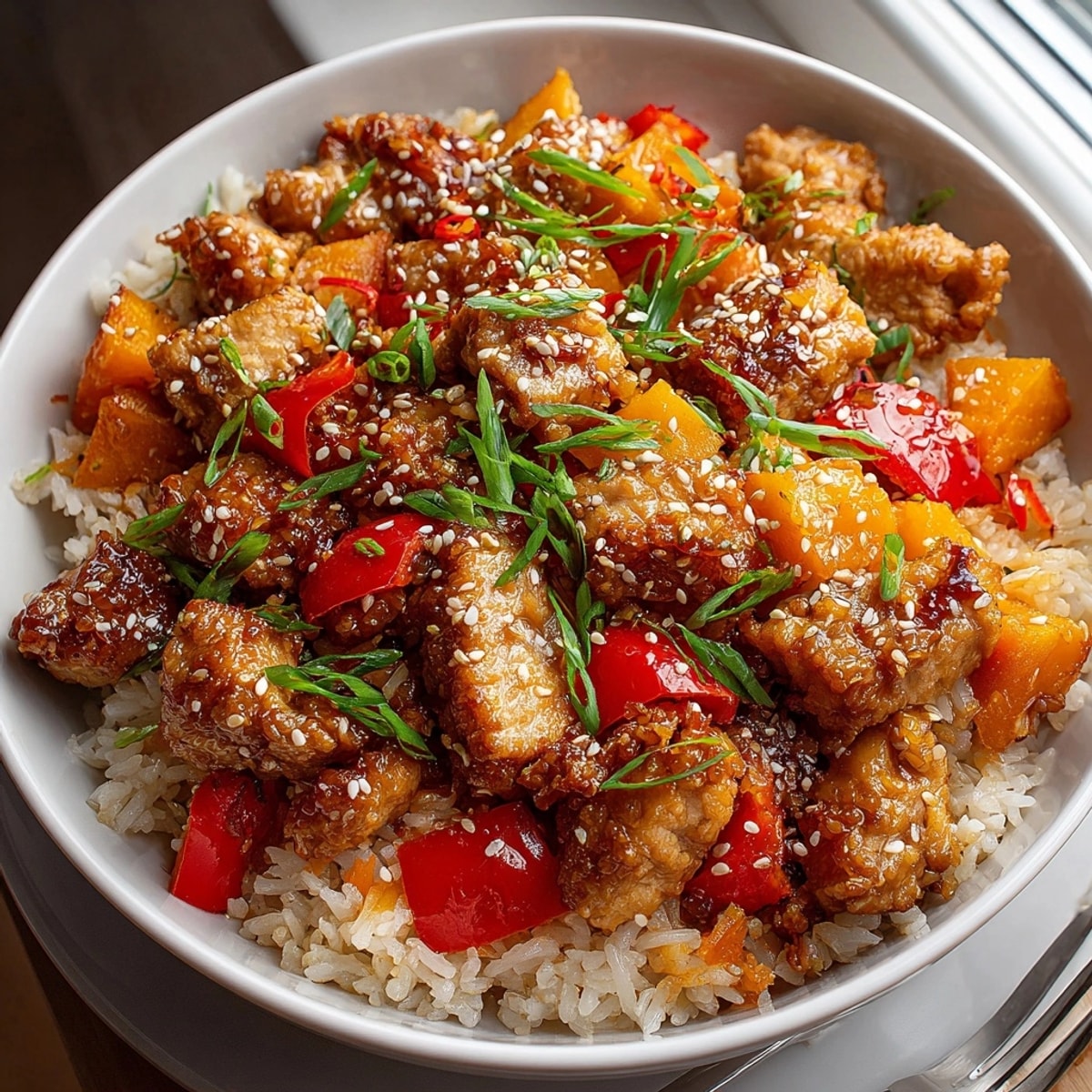 A close-up of the One-Pot Teriyaki Chicken and Sweet Potato Rice, showcasing colorful vegetables and tender chicken.