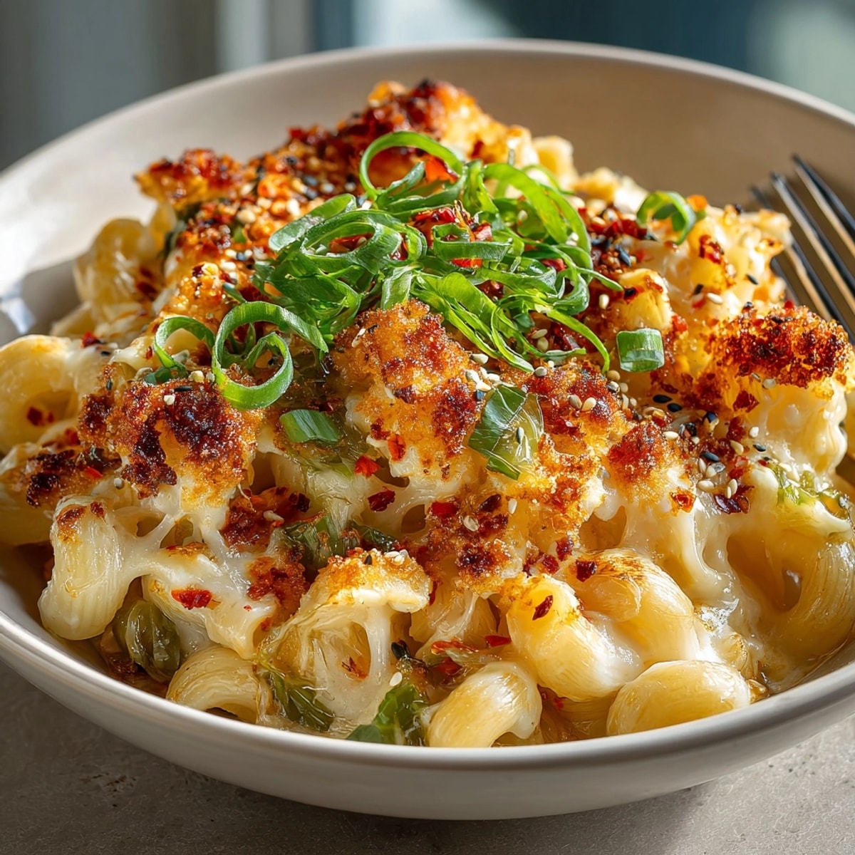 Creamy Korean-style comfort kimchi mac and cheese, bubbling and golden straight from the oven, ready to serve.