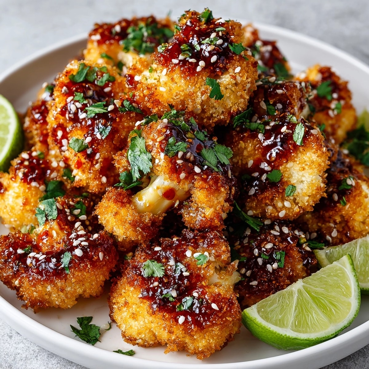 Crispy Honey Sriracha Cauliflower Bites glistening with a sweet and spicy sauce, perfect for a veggie snack!