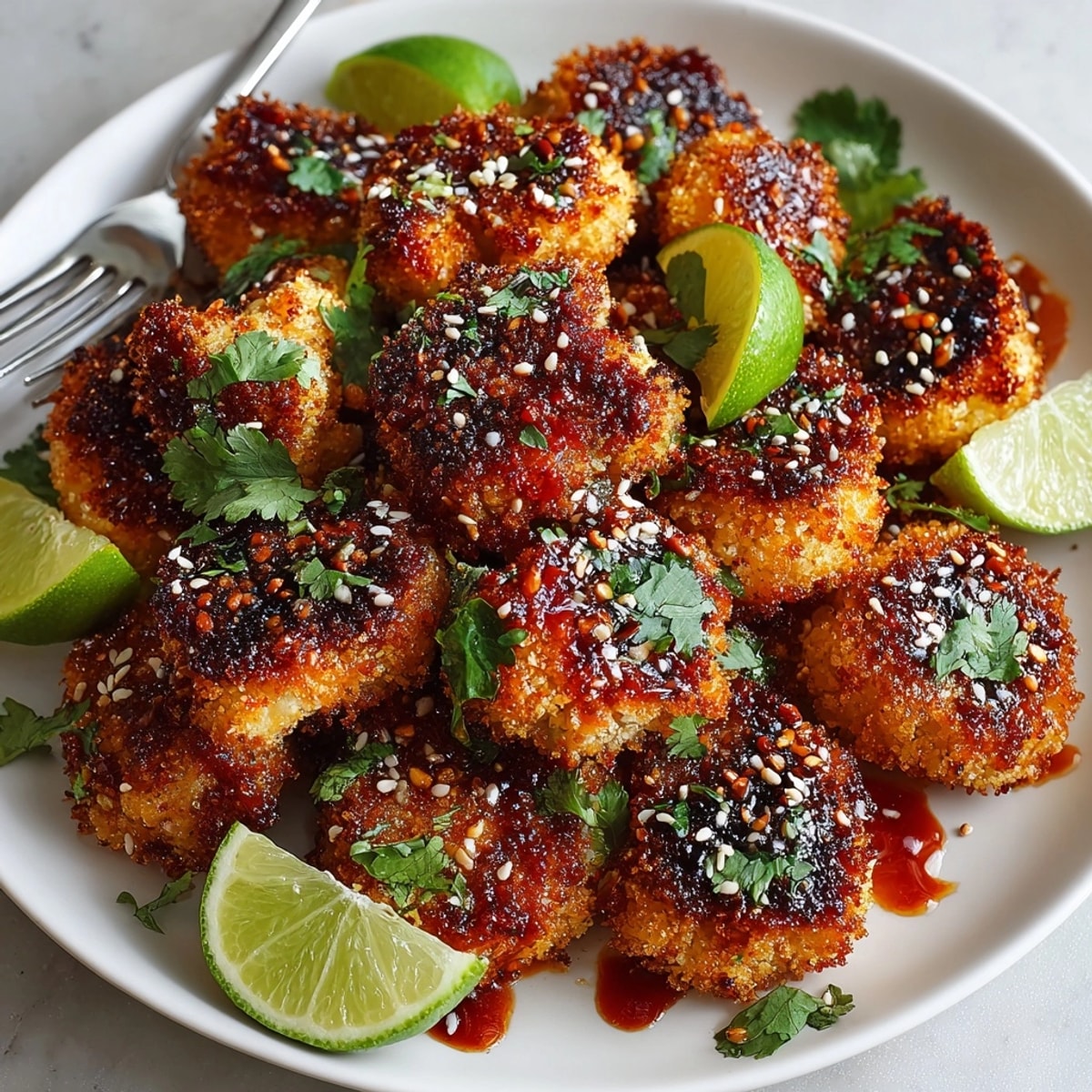 Golden-brown Crispy Honey Sriracha Cauliflower Bites ready for a crowd: a flavorful appetizer or side dish.
