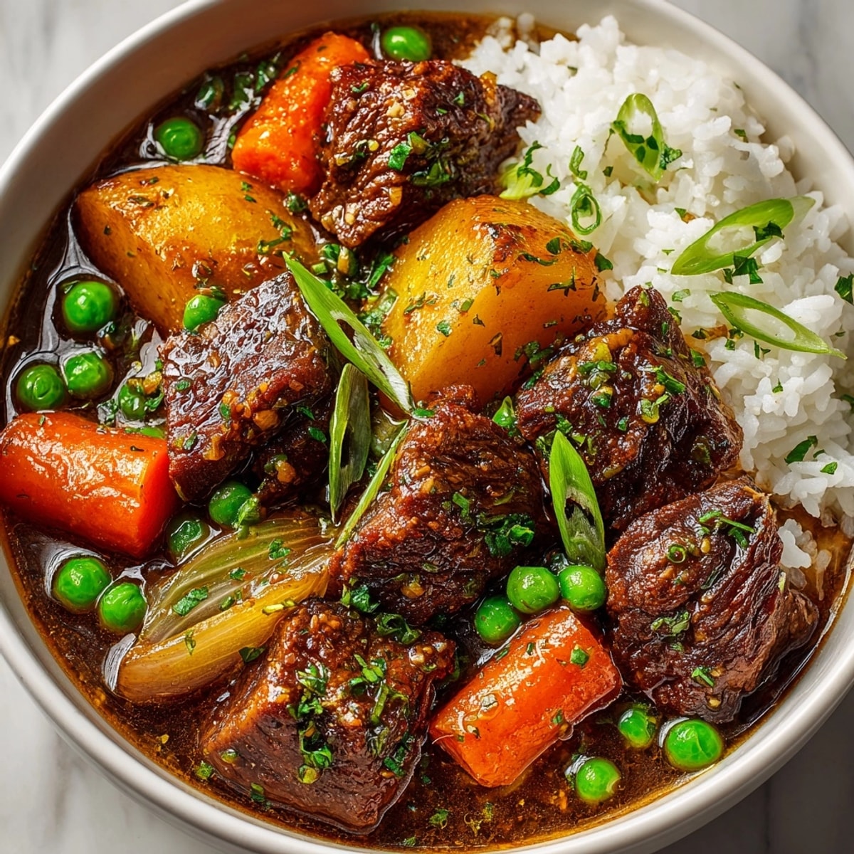 Slow Cooker Japanese Curry Beef Stew: A steaming bowl of tender meat and savory vegetables.