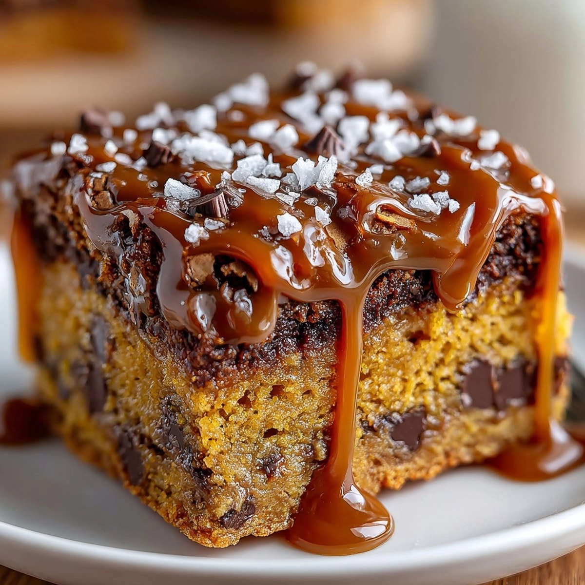 Warm, gooey Salted Caramel Pumpkin Chocolate Chip Blondies, swirled with caramel and ready to serve.
