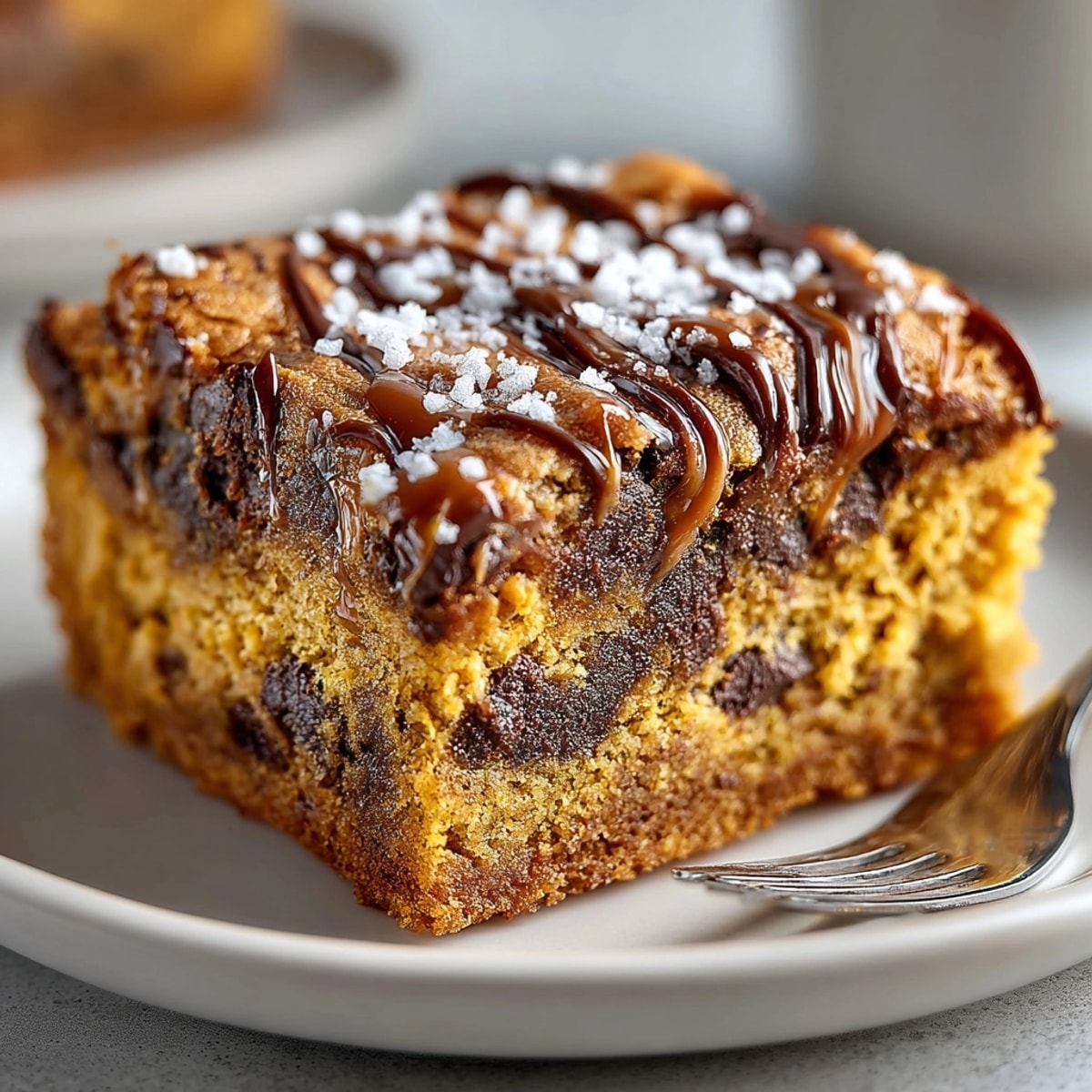 A close-up of golden-brown Salted Caramel Pumpkin Chocolate Chip Blondies with melting caramel.