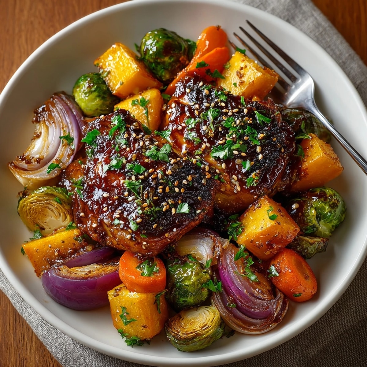 Golden baked Sheet Pan Miso Honey Chicken with roasted fall vegetables, perfect for a weeknight.
