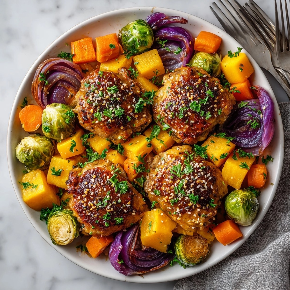 Sheet Pan Miso Honey Chicken: Tender chicken thighs alongside vibrant, roasted autumn vegetables ready to serve.