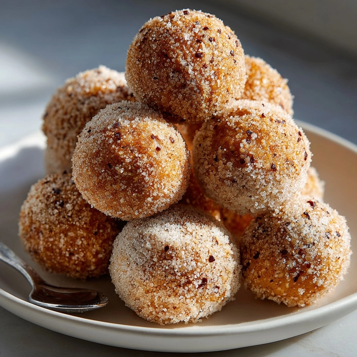 Chewy Pumpkin Spice Snickerdoodle Energy Balls, coated in cinnamon sugar, a delightful fall snack.