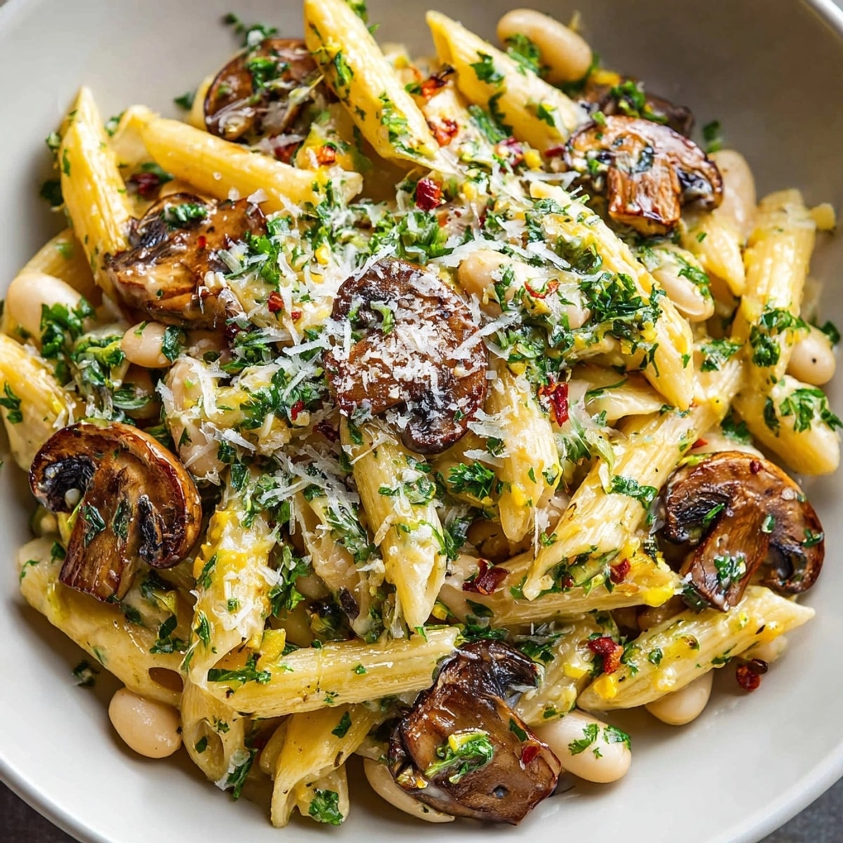 Creamy One-Pot Mushroom and Sage White Bean Pasta, a steaming bowl filled with flavorful goodness.