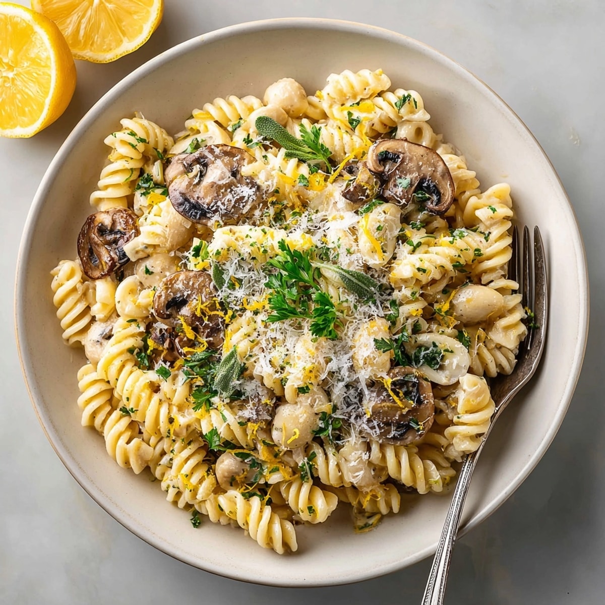 Vibrant photograph of One-Pot Mushroom and Sage White Bean Pasta, showing creamy sauce and fresh herbs.