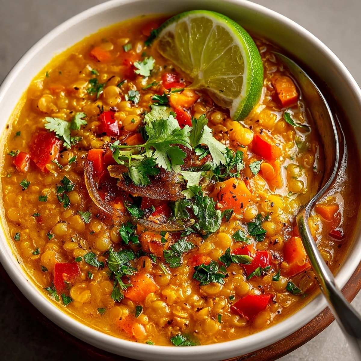 Steaming bowl of Coconut Curry Lentil Soup garnished with fresh cilantro and a lime wedge.