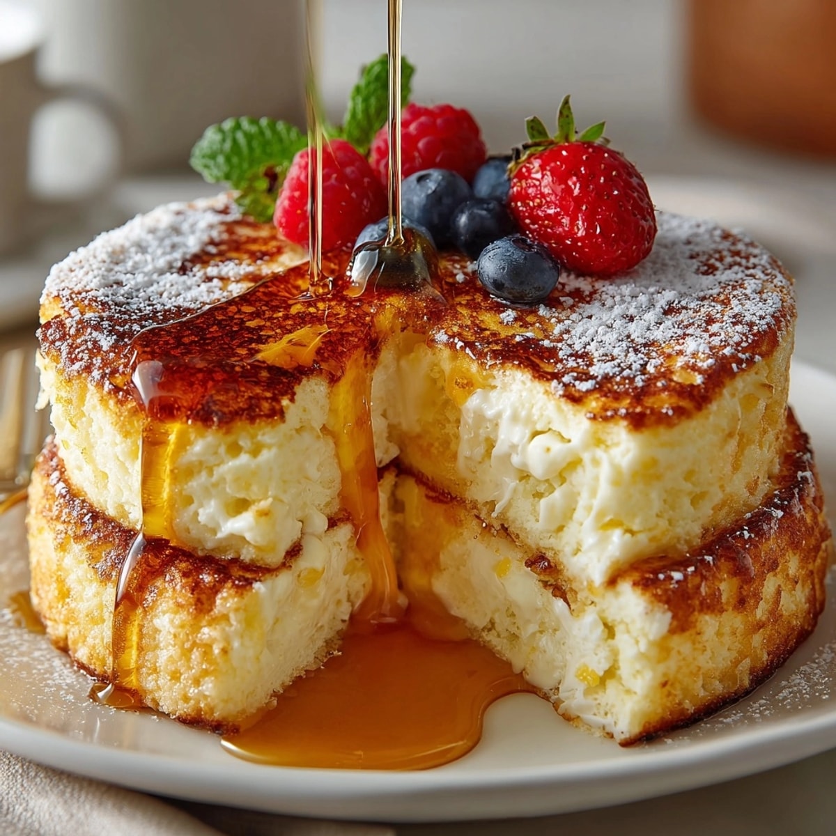 Fluffy Japanese pancakes drizzled with rich brown butter maple syrup, perfect for a delicious brunch.