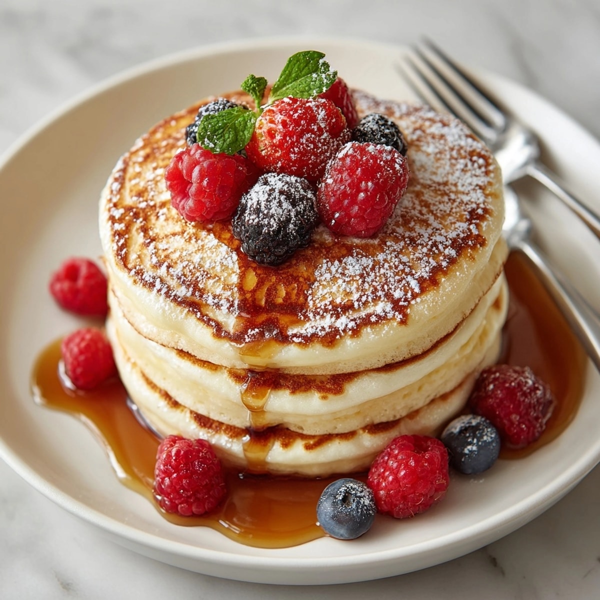 Soft and airy Japanese pancakes are beautifully presented, topped with brown butter syrup, ready to eat.