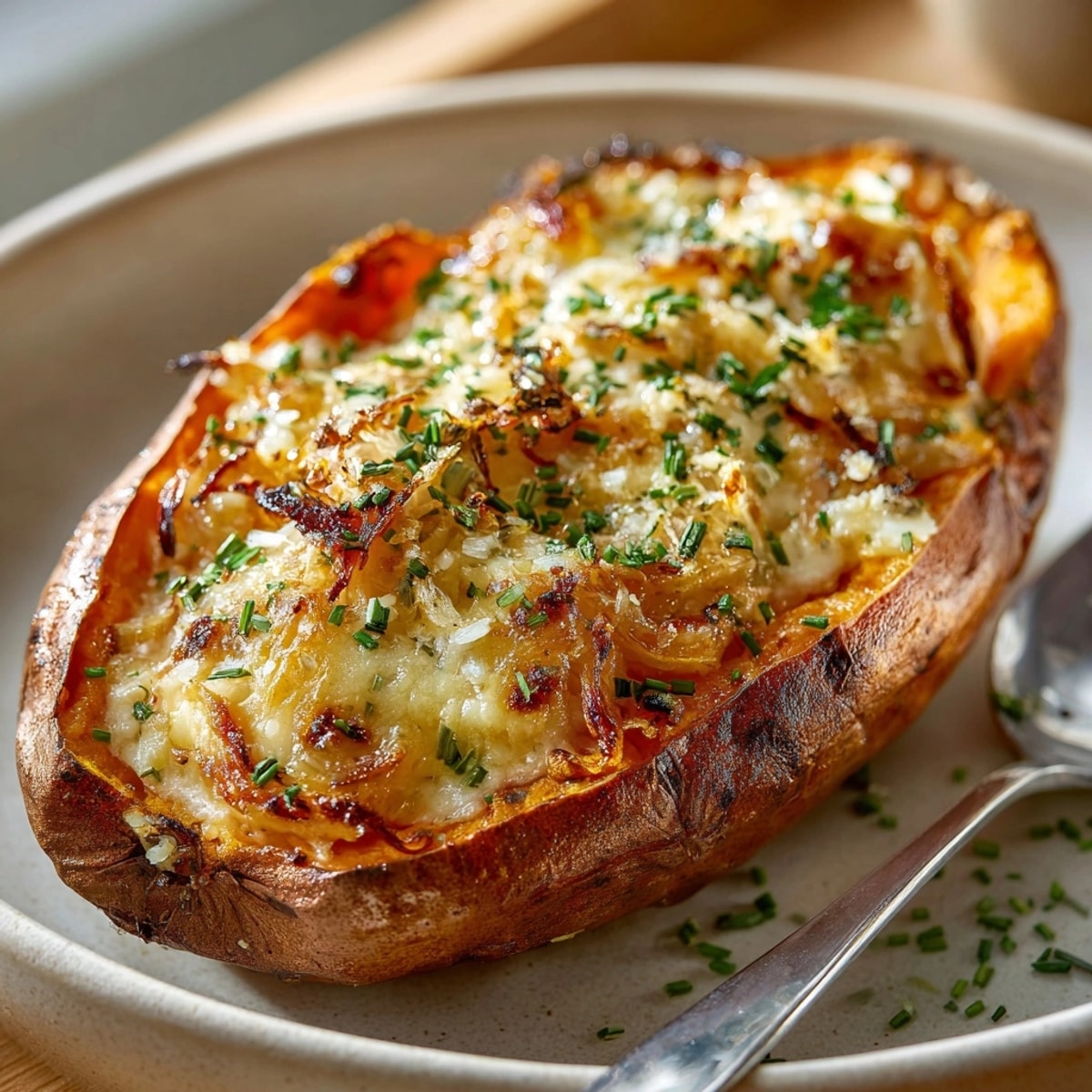 Golden-brown Caramelized Onion and Gruyere Stuffed Sweet Potatoes, a vegetarian main with melting cheese, ready to eat.