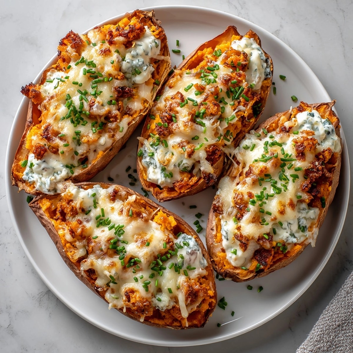 Warm, comforting shot of Caramelized Onion and Gruyere Stuffed Sweet Potatoes, perfect for a delicious and hearty meal.