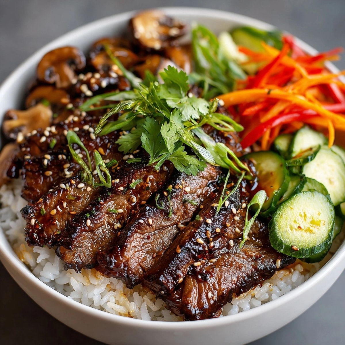 Korean BBQ Beef and Mushroom Rice Bowls, a colorful Asian-inspired dish with tender beef and mushrooms.