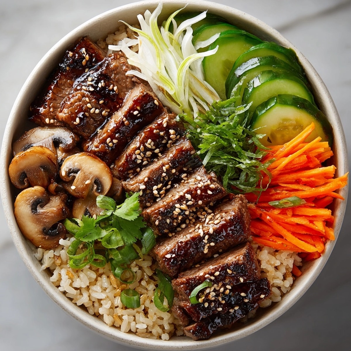 Close-up of delicious Korean BBQ Beef and Mushroom Rice Bowls, showcasing savory beef and mushroom perfection.