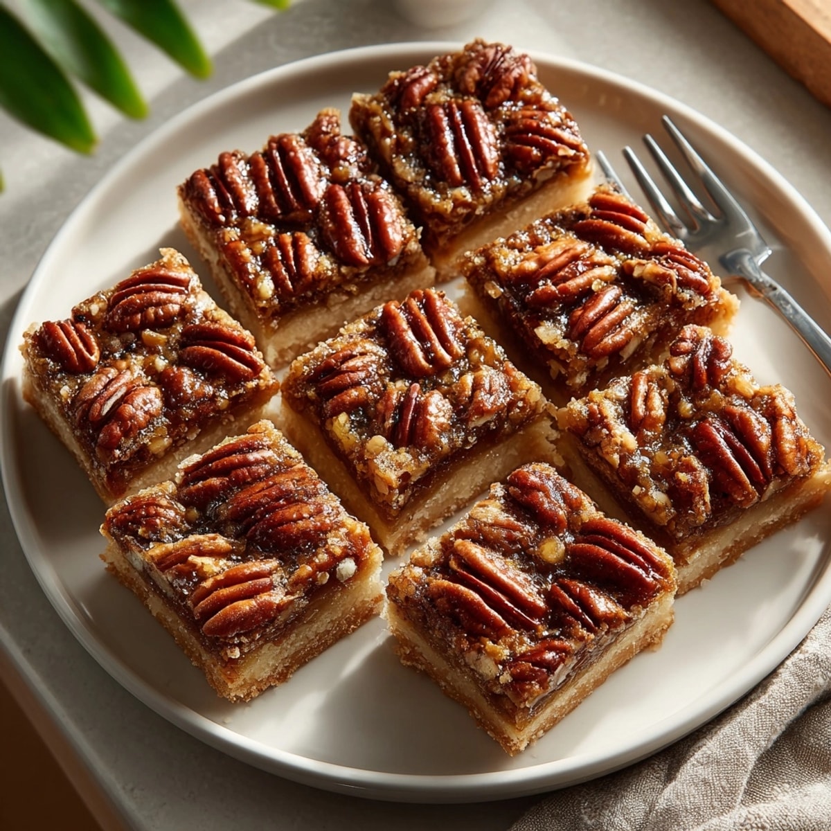 Buttery, sliced Maple Bourbon Pecan Pie Bars, ready to serve alongside whipped cream and vanilla.
