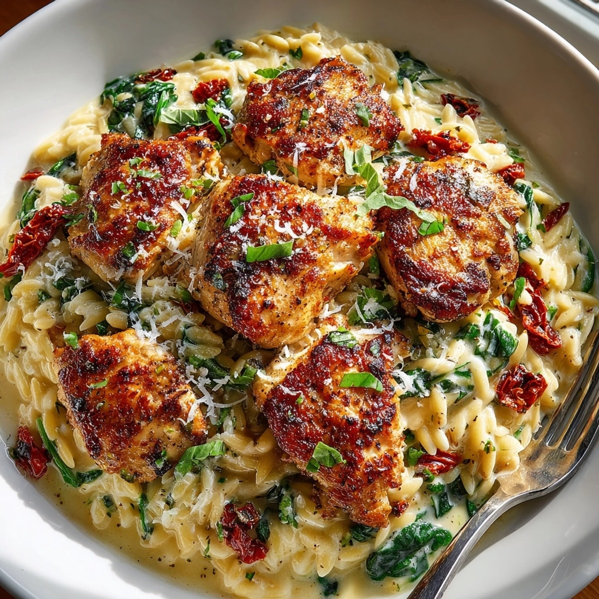 Creamy One-Pot Tuscan Chicken Orzo with a swirl of spinach, ready for a comforting bite.