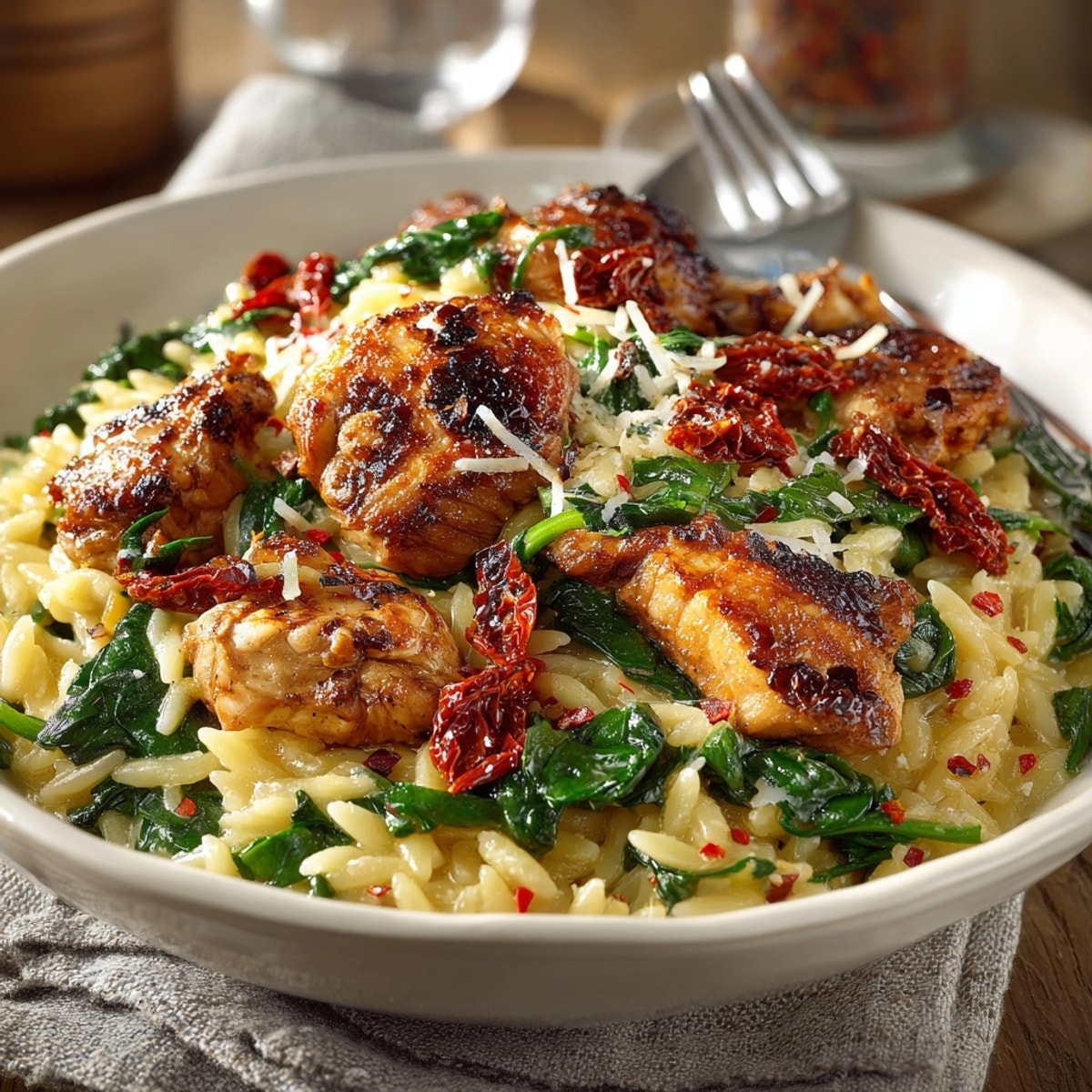This close-up shows a bowl of One-Pot Creamy Tuscan Chicken Orzo, rich and inviting.