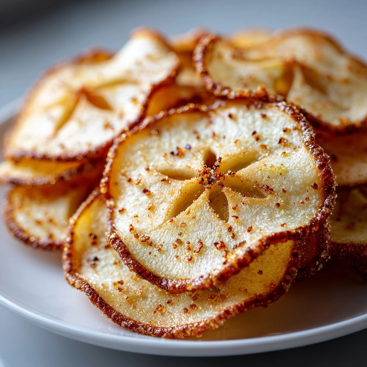 Golden-brown Baked Cinnamon Sugar Pear Chips, crisp and sweet, perfect for a healthy snack.