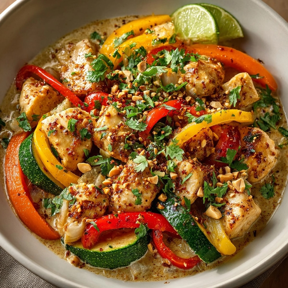 Steaming Thai-inspired peanut chicken and vegetable curry, showcasing tender chicken and a rich sauce, ready to eat.