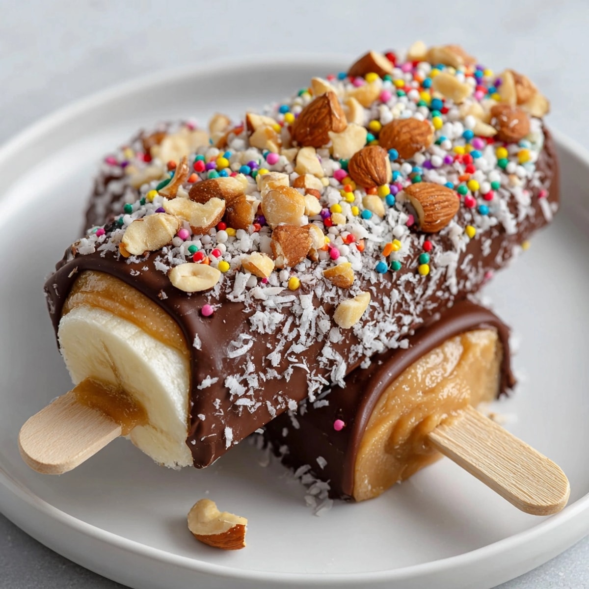 Chocolate-Dipped Peanut Butter Banana Pops topped with sprinkles and peanuts on a frosty tray