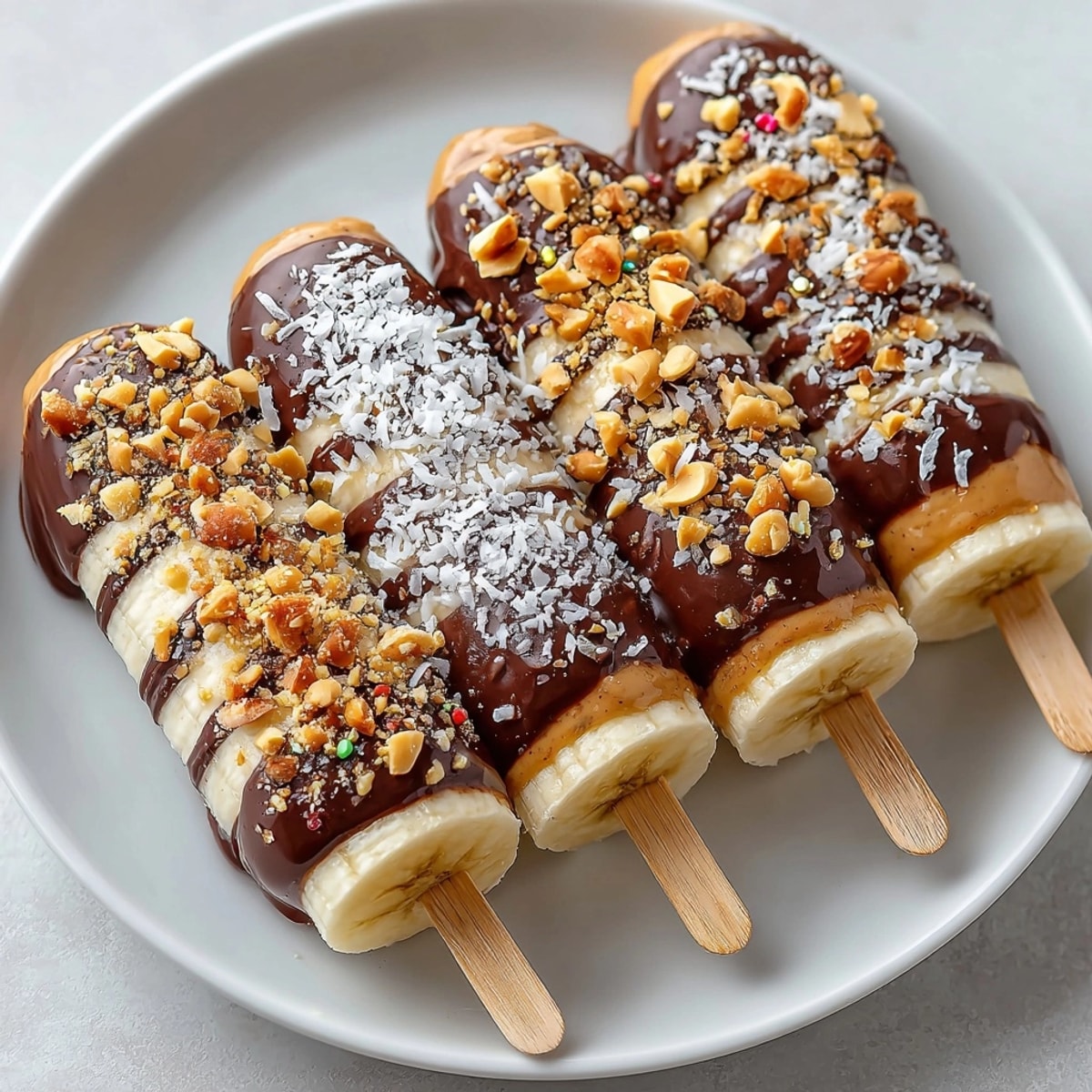 Frozen chocolate-dipped peanut butter banana popsicles stacked on parchment, ready for a summer dessert