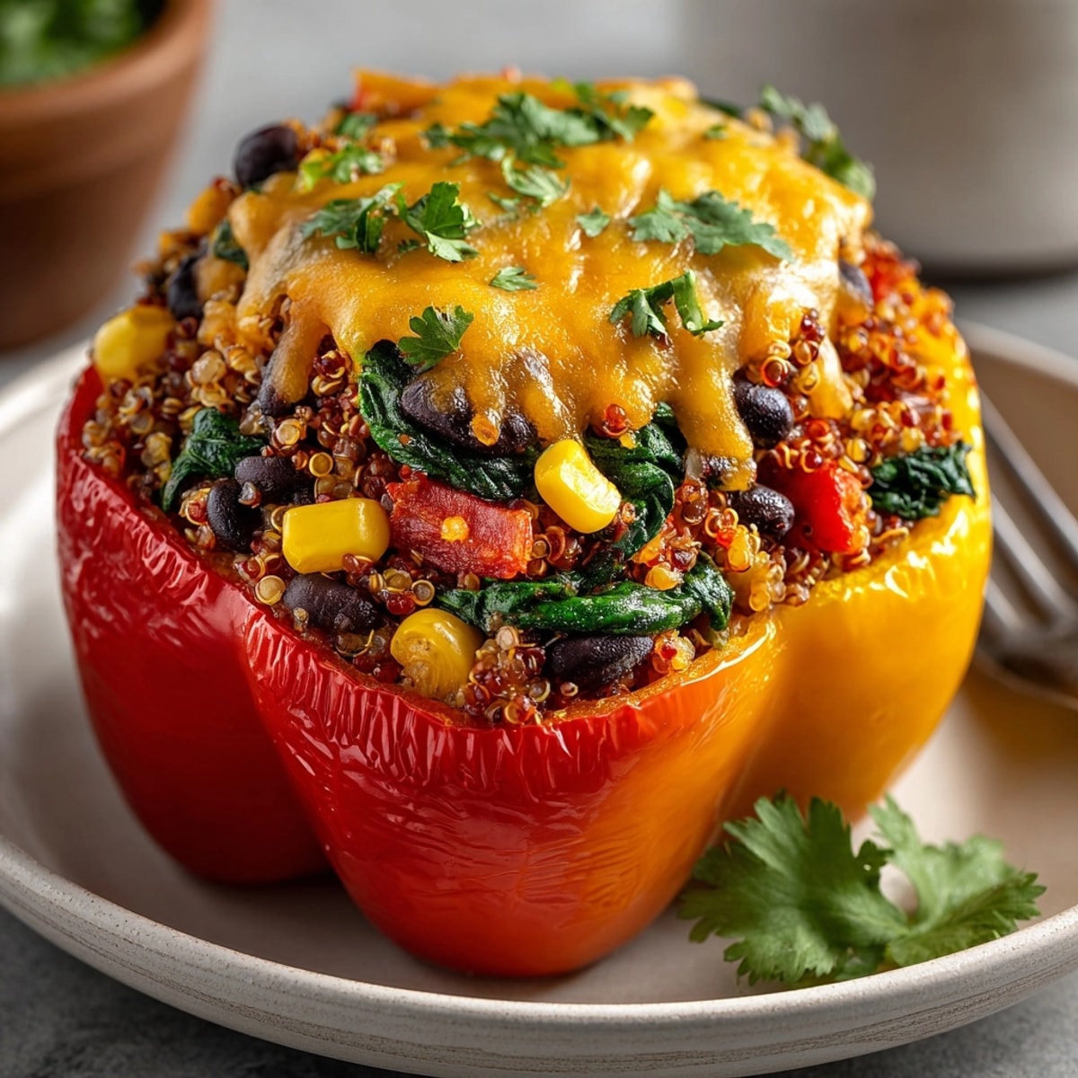 Protein-Rich Quinoa Stuffed Peppers displayed in a baking dish with melted cheese topping