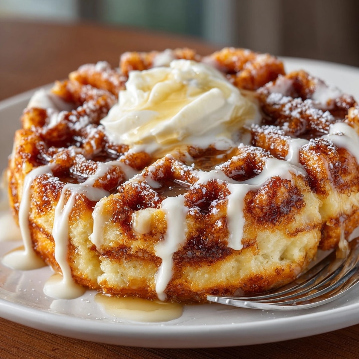 Golden Cinnamon Roll Waffles with Cream Cheese Drizzle served hot for a cozy breakfast.