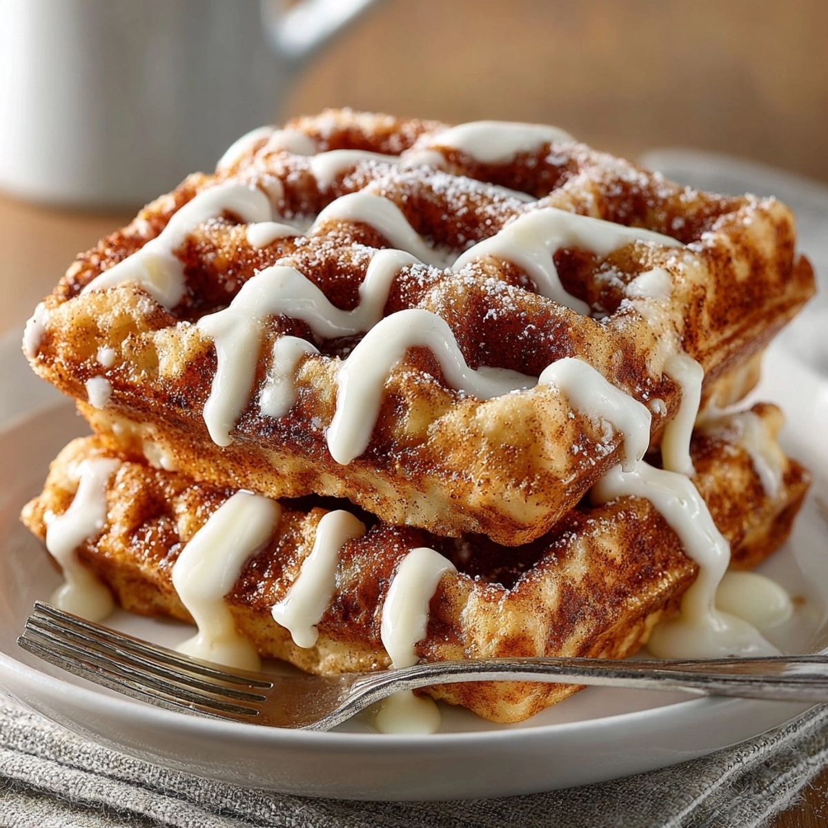 Cinnamon Roll Waffles topped with creamy, tangy cream cheese drizzle, fresh out of the waffle maker.