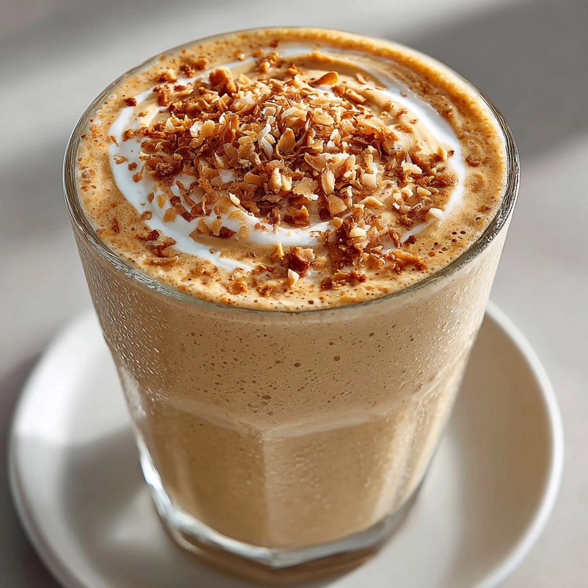 Thai Coconut Peanut Butter Smoothie in glass, creamy texture, topped with toasted coconut flakes.