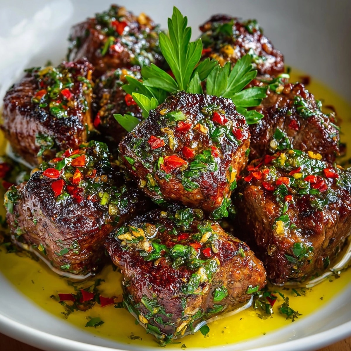 Garlic Herb Butter Steak Bites served sizzling in a skillet, glistening with melted butter and herbs.