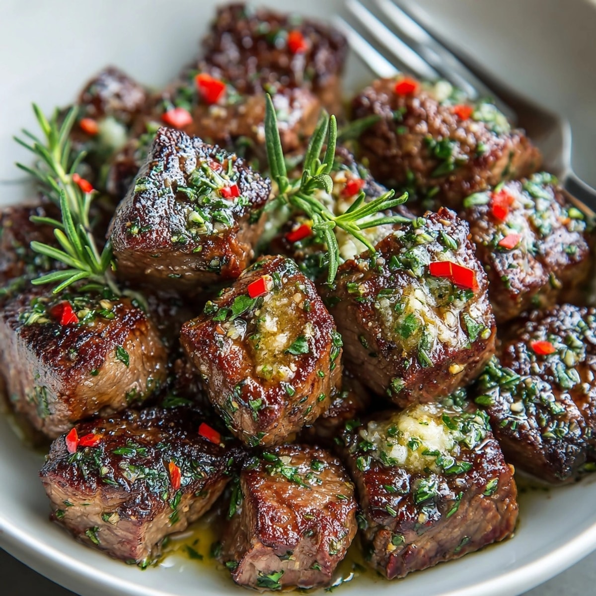 Juicy garlic herb butter steak bites arranged on a plate, garnished with fresh parsley for a savory, aromatic finish.