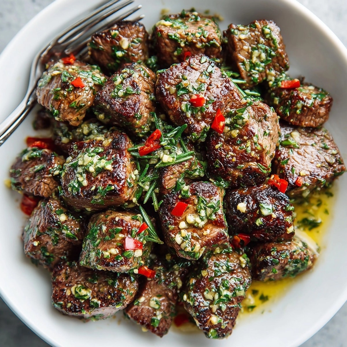 Seared garlic herb butter steak bites with golden-brown crust, ready as an appetizer or main course.