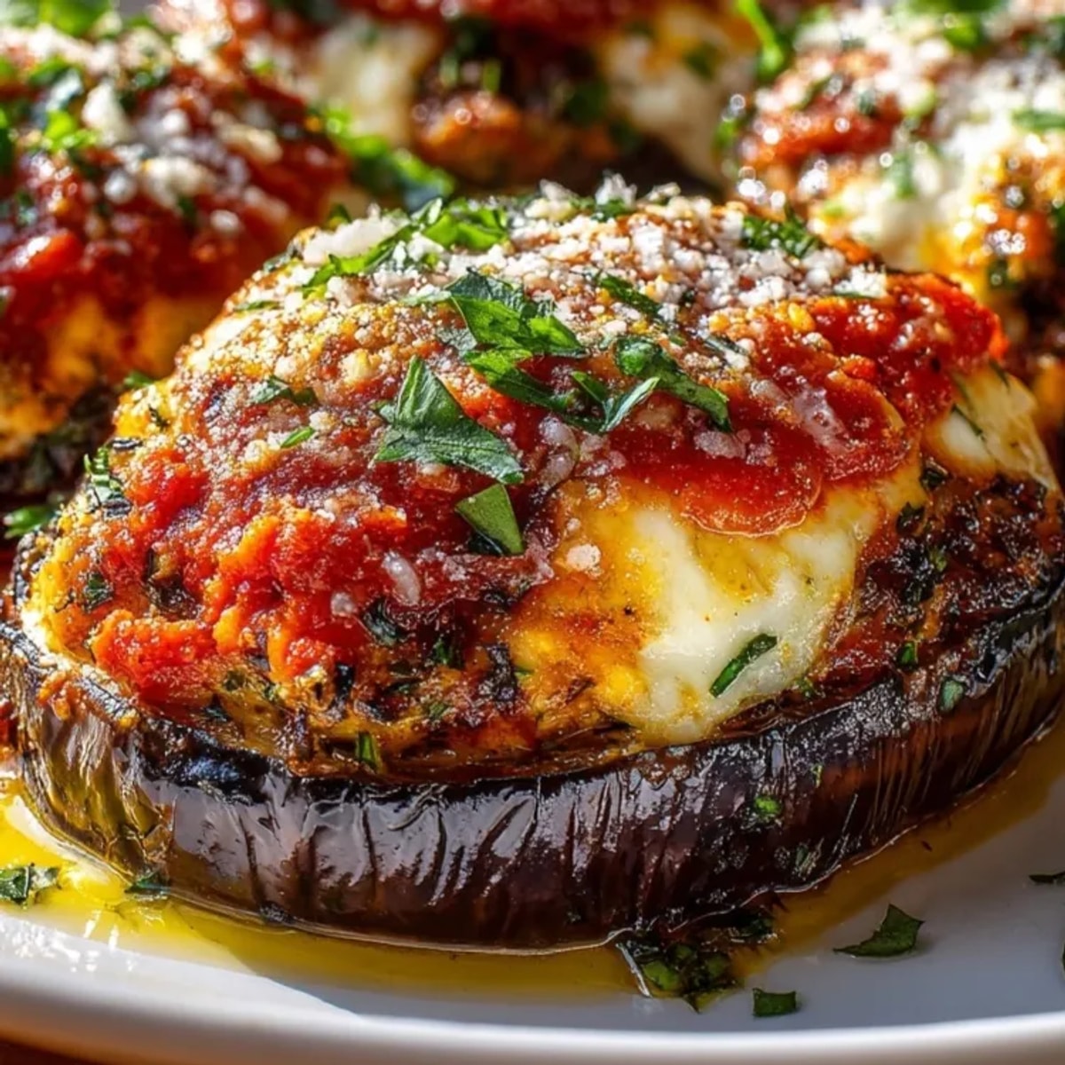 Stuffed Cheese Eggplant Parmesan baked golden, topped with rich marinara and bubbling cheese.