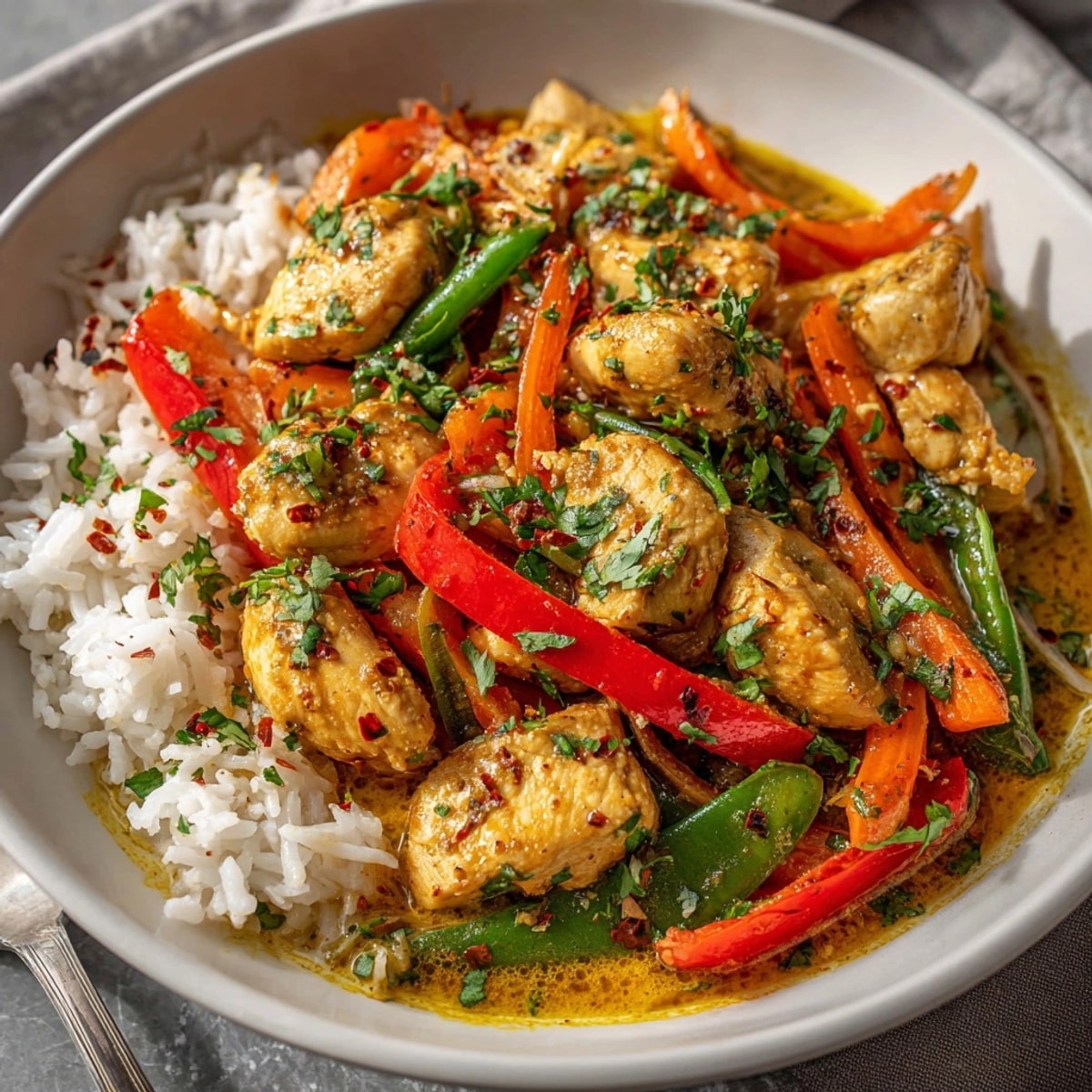 Thai Curry Coconut Chicken served over fluffy jasmine rice, garnished with fresh cilantro and red chili slices