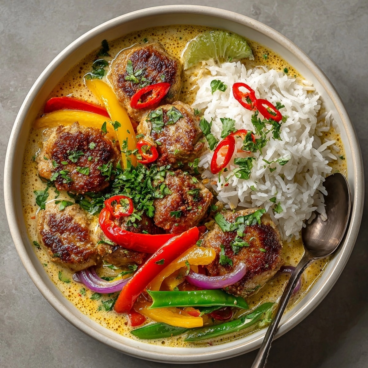 Close-up of creamy Thai Curry Coconut Chicken with vibrant peppers, snap peas, and aromatic curry sauce