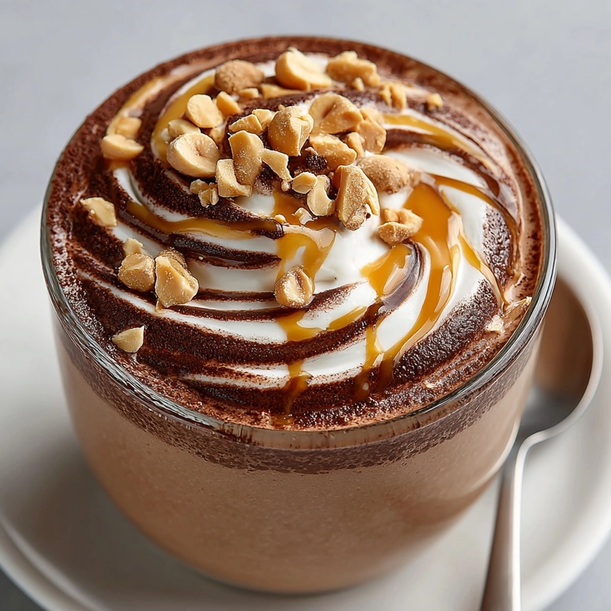 Peanut Butter Chocolate Smoothie in a tall glass with creamy swirls and banana garnish.