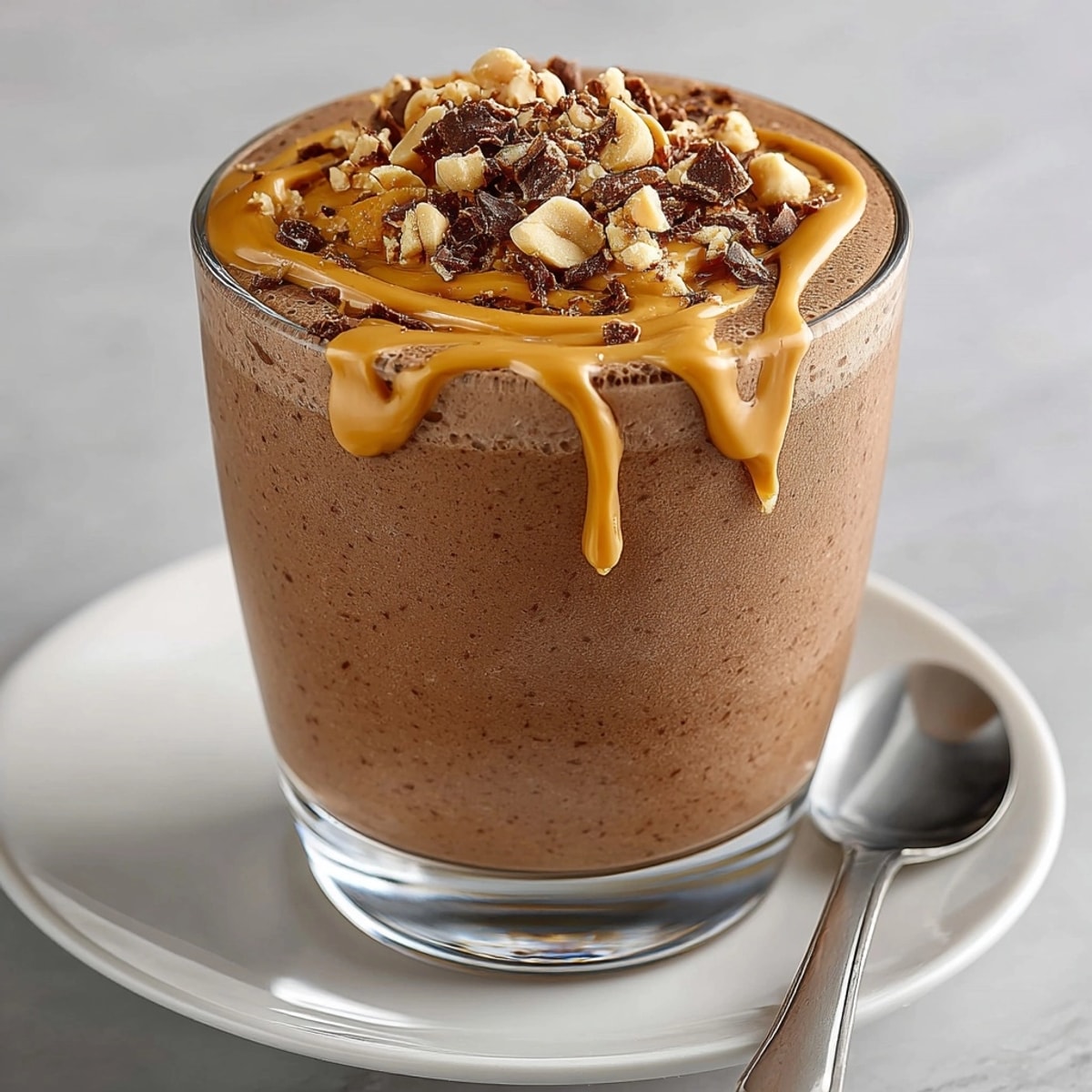 Refreshing Peanut Butter Chocolate Smoothie topped with melted peanut butter drizzle, perfect for breakfast.