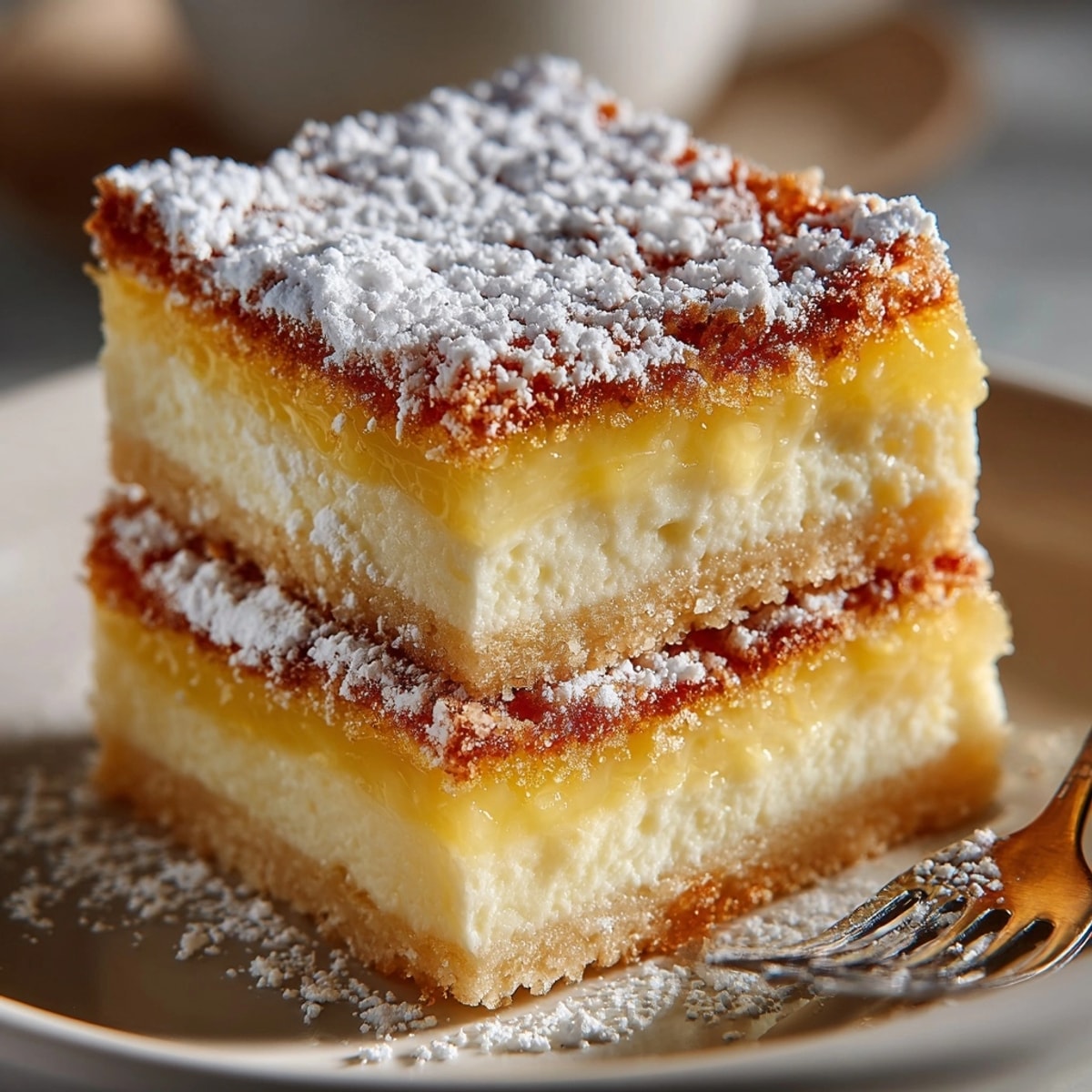 Golden, buttery Ricotta Lemon Bars topped with powdered sugar, perfect for spring dessert tables.