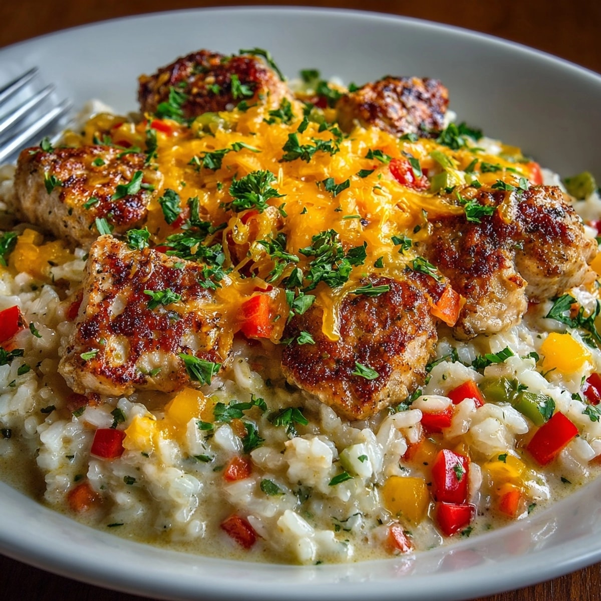 Cajun Chicken and Rice Casserole with golden cheese topping and fresh parsley garnish, hot out of the oven