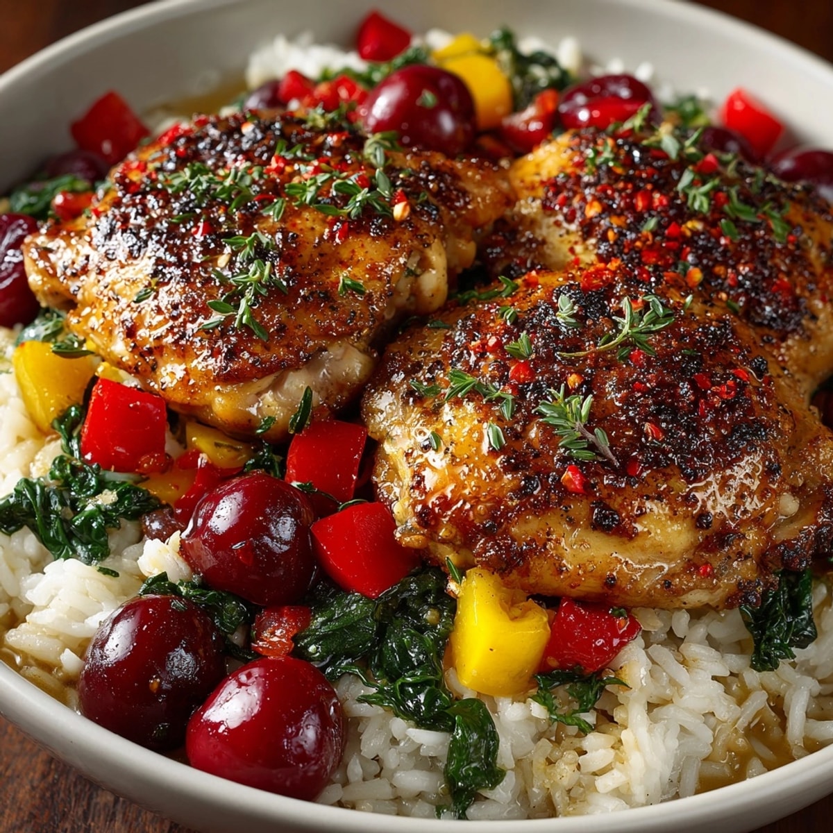 One-Pot Cherry Chicken Dinner with juicy chicken, sweet cherries, and vibrant veggies in skillet.