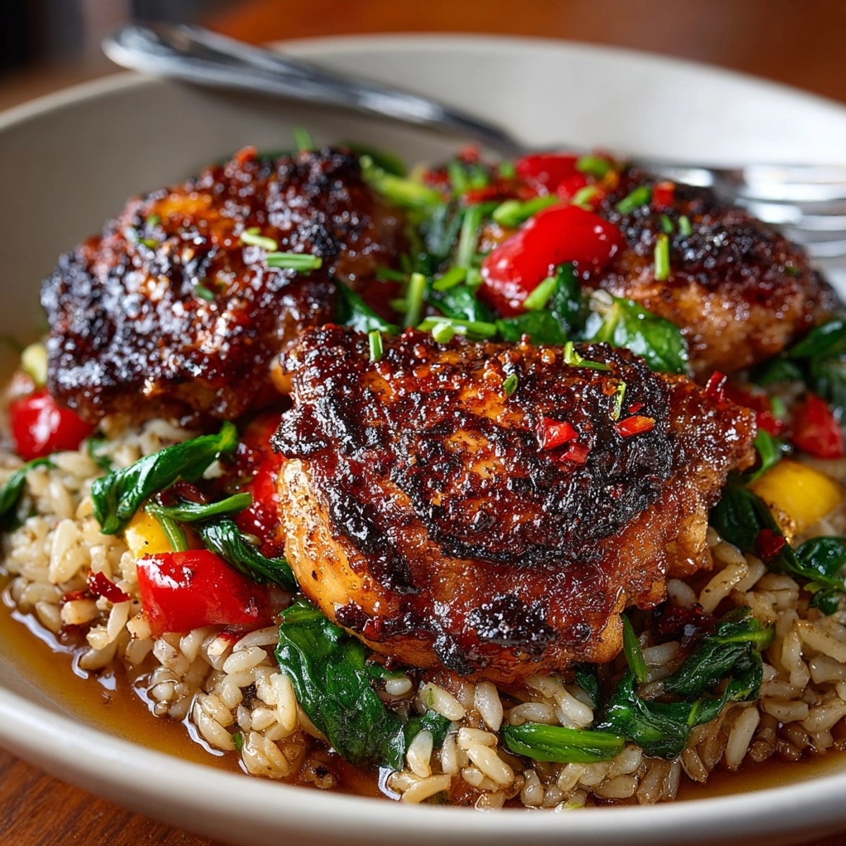 Steaming One-Pot Cherry Chicken Dinner served over fluffy rice with fresh spinach and red peppers.