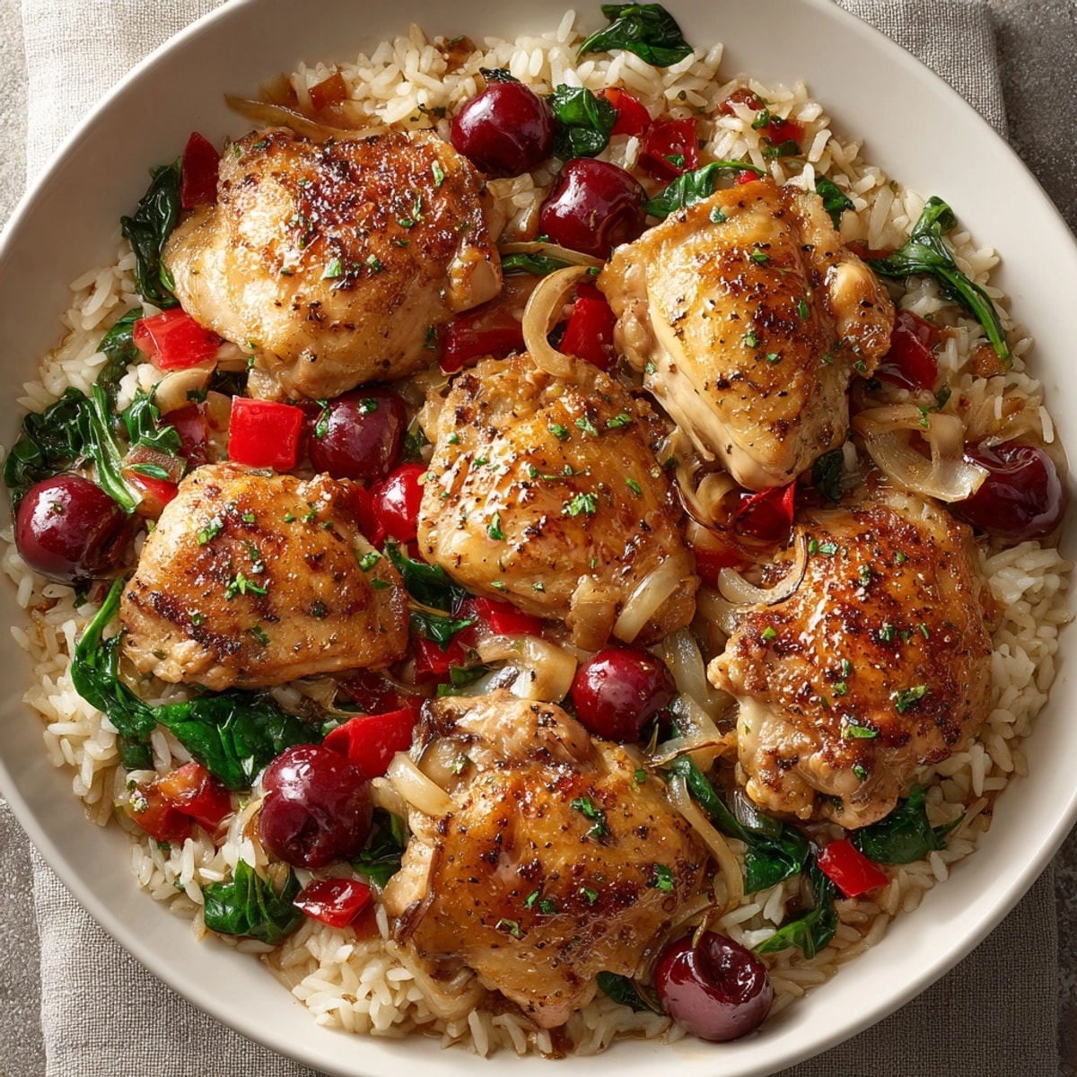 Golden-browned chicken and cherries create a colorful, inviting One-Pot Cherry Chicken Dinner centerpiece.