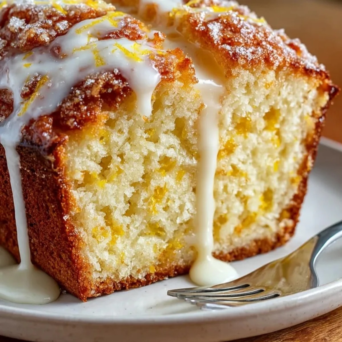 Lemon Cream Cheese Bread with Citrus Glaze loaf sliced on a wooden board, showcasing its moist texture.